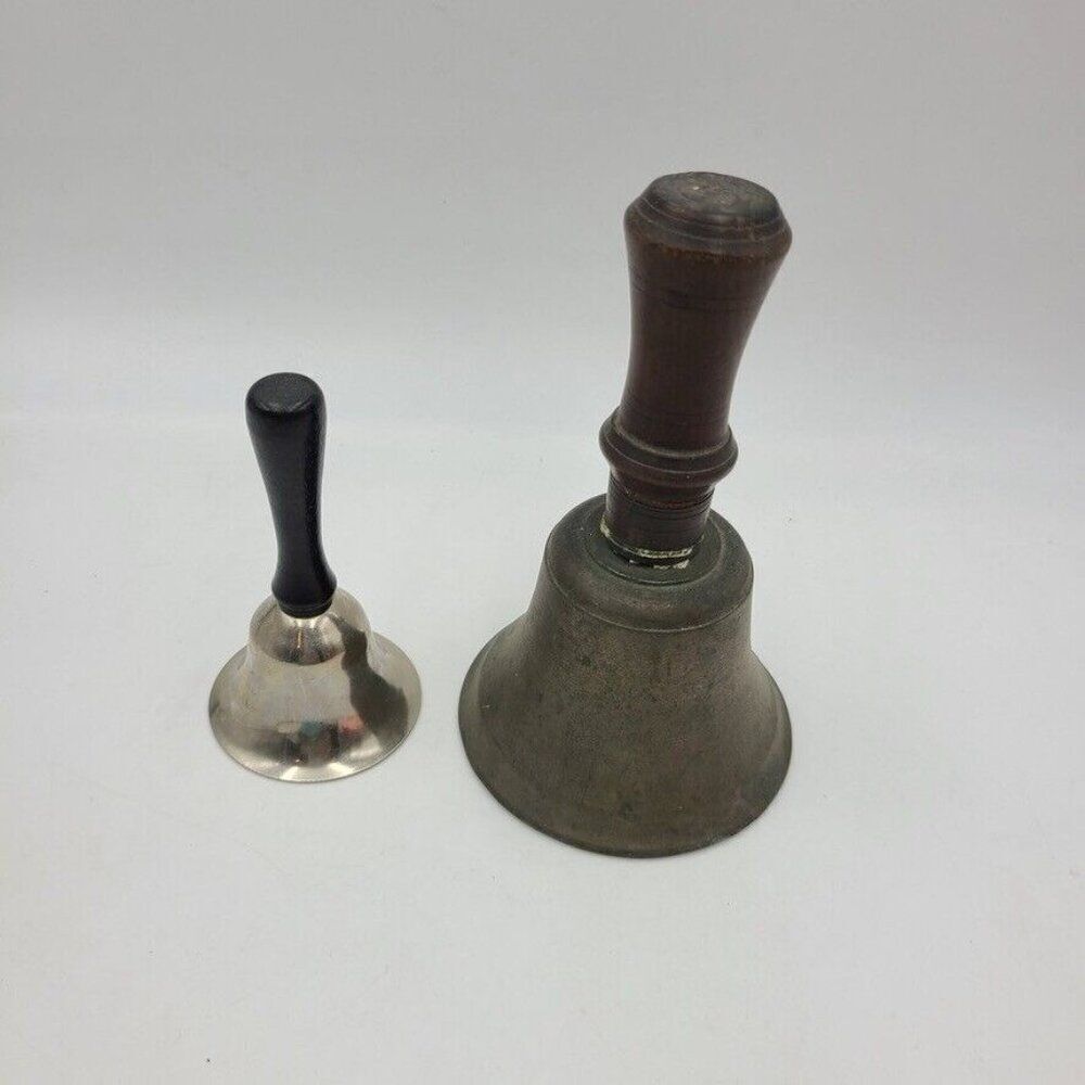 Vintage Brass Bell Wood Handle School Teacher Silver Black Medium Small Lot 2